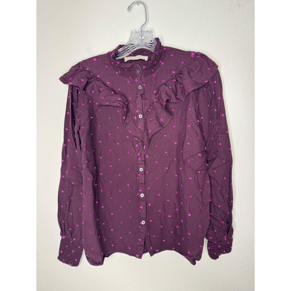 LOFT Purple Pink Clip Dot Ruffle Smocked Neck Button Down‎ Blouse Women's Size S